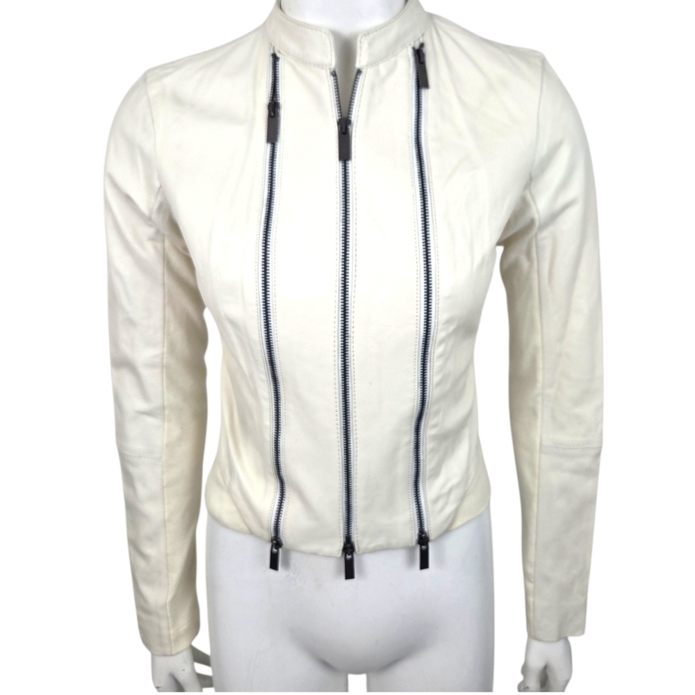 Vintage Y2K Bebe Leather Zip Moto Jacket White Motorcycle Punk Womens Small